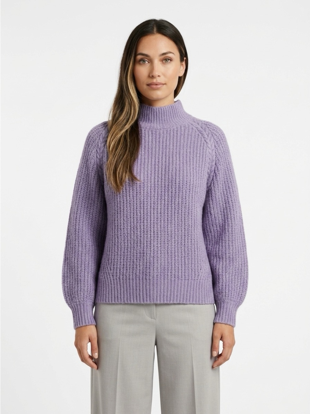 Wrap London Ribbed Mock Neck Balloon Sleeve Alpaca Sweater Lavender 14